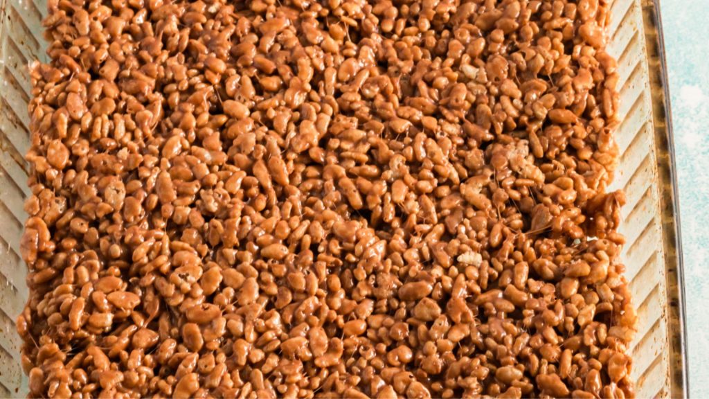 top down view of brown rice krispies in a pan