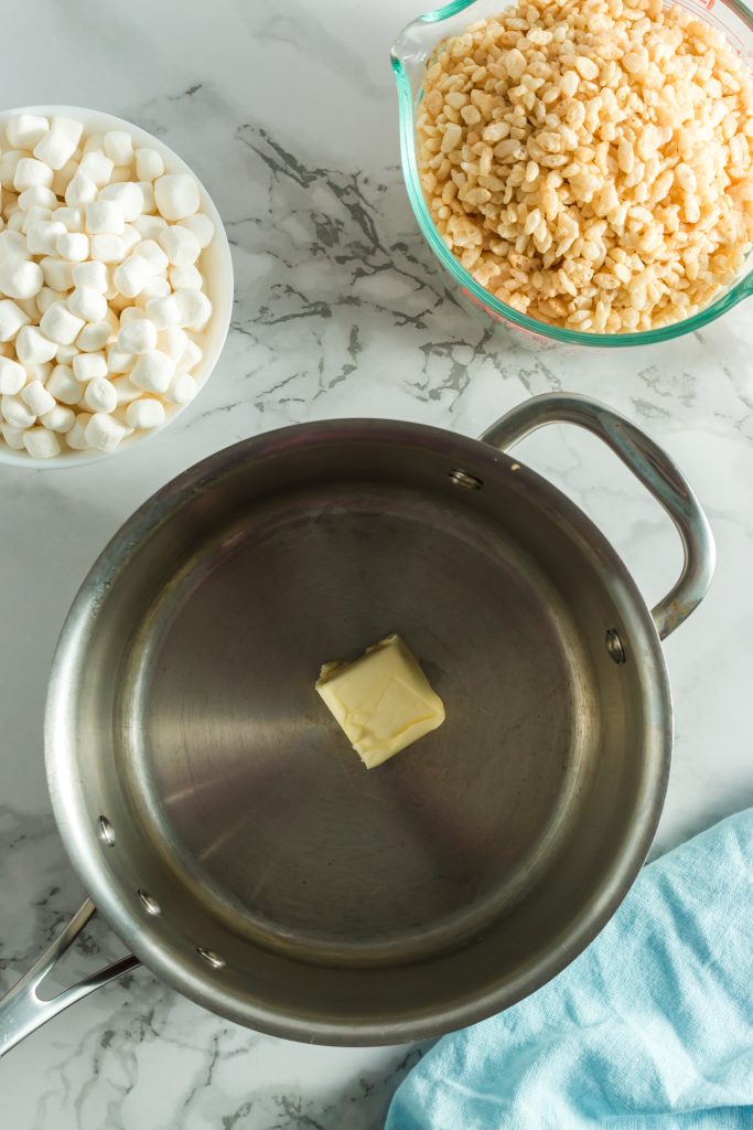 top view of butter in a stainless steel pot