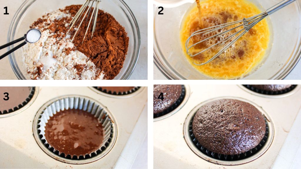 four photos showing how to make cupcakes. The first is the dry ingredients in a bowl, the second is wet ingredients in a bowl. the third is the cupcake batter halfway full in the cups and the last is baked cupcakes in a cupcake pan
