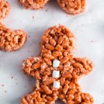 top view of a brown rice krispie treat in the shape of a gingerbread man
