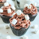 side view of a chocolate cupcake with chocolate frosting and mini marshmallows
