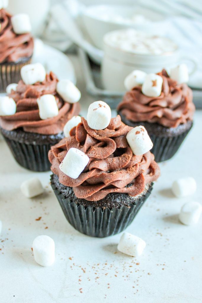 side view of a chocolate cupcake with chocolate frosting and mini marshmallows