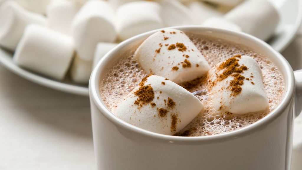 marshmallows in a mug of hot chocolate and sprinkled with cocoa powder